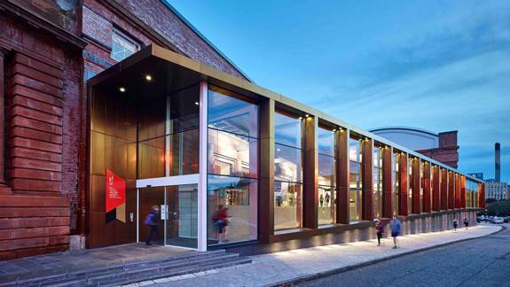 The exterior of the entrance of Kelvin Hall in Glasgow during early morning