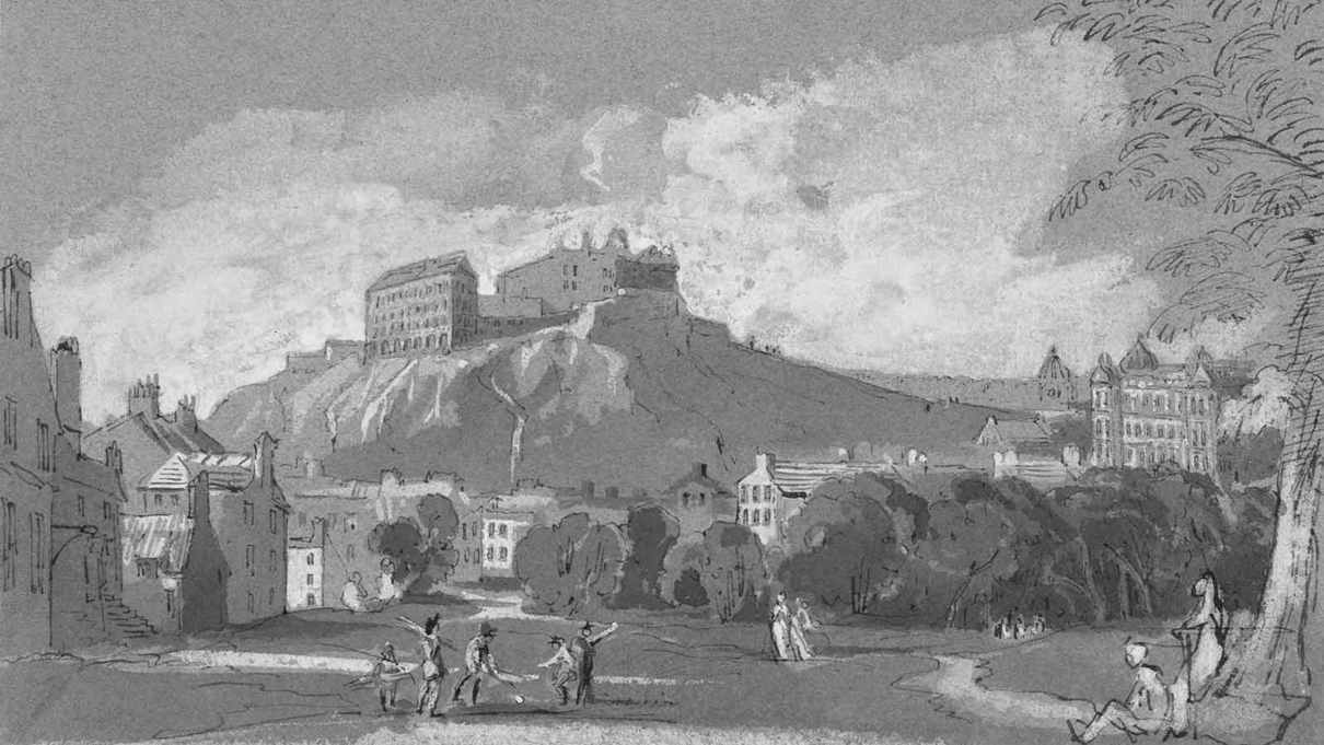 Grayscale illustration of a historical cityscape with a castle on a hill and people in the foreground.