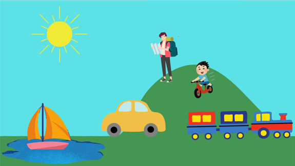 A scene with lots of transport options including a child riding a bike down a hill and a train.