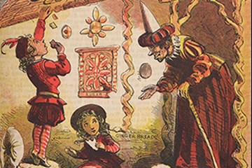 Illustration of Hansel, Gretel, and the witch in the gingerbread house.