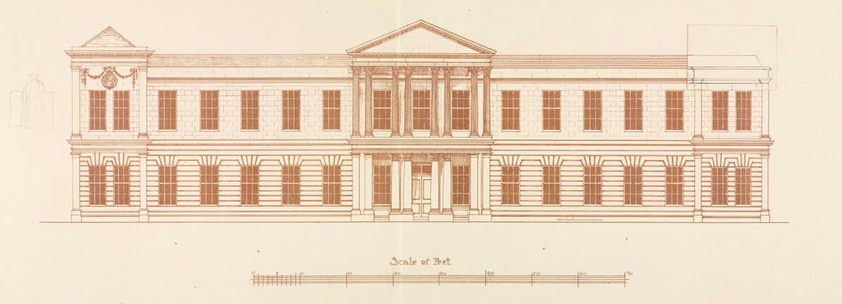 A print showing the front of a large stone building.