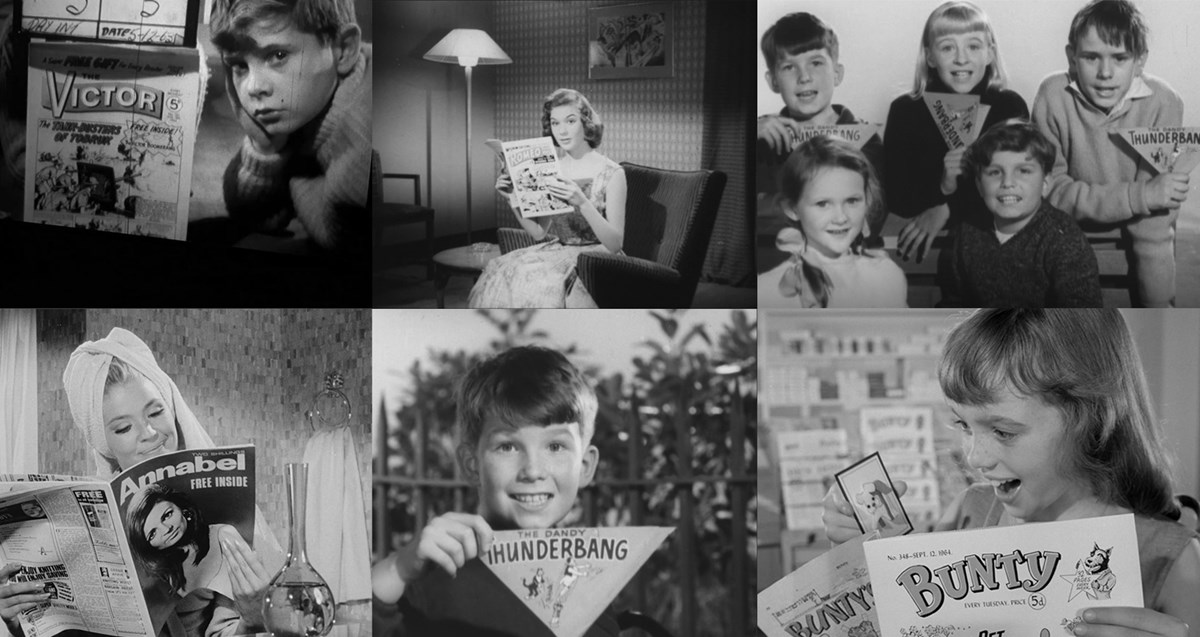 Montage of six black and white stills from adverts from the 50s and 60s.