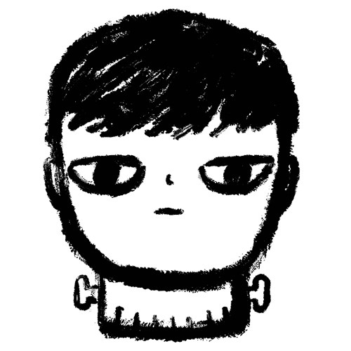 Black illustration of a simplified Frankestein's monster.