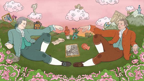 A colourful illustration of two eighteenth‑century figures reclining on a hillside, reaching toward each other across scattered artworks and objects, with floral patterns in the foreground and rolling hills and statues in the background.