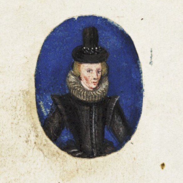 A colourful painted portrait of Esther Inglis. She is wearing A black dress with big ruffles around the neck and a black hat.