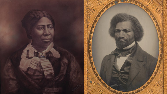 Portraits of Anna Murray Douglass on the left and Frederick Douglass on the right.