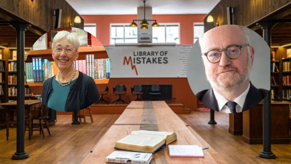 Photos of Helen Williams and Russell Napier over an image of the Library of Mistakes.