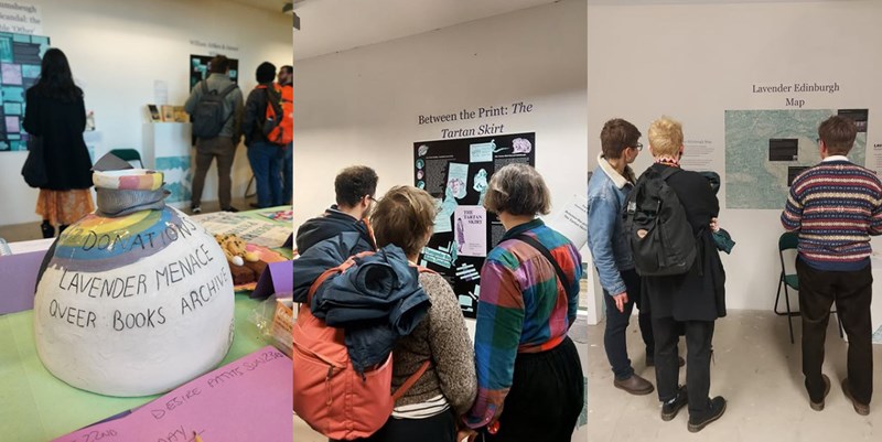A collage of three photos from an exhibition. The first photo shows visitors in a gallery space, with a donation jar in the foreground labeled 'LAVENDER MENACE QUEER BOOKS ARCHIVE.' The second photo features people viewing a display titled 'Between the Print: The Tartan Skirt.' The third photo shows attendees examining a display titled 'Lavender Edinburgh Map.'