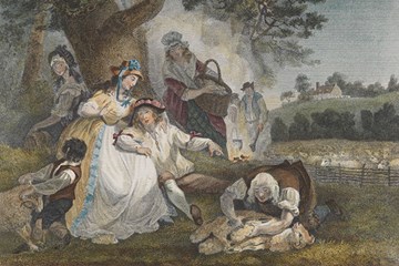 A colour illustration of people in a field shearing sheep.