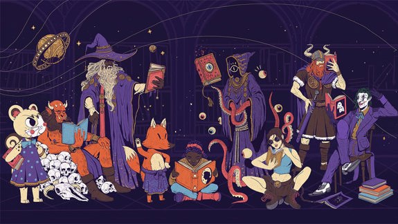 Illustrated lineup of videogame characters reading books.
