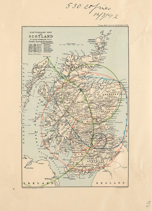 A map showing where different earthquakes have happened in Scotland in the 1800s and the range of them. It also shows faultlines.