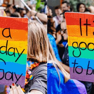 A repeated photo of someone at a Pride march holding a sign which reads 'It's a good day to be gay' over a rainbow background. 