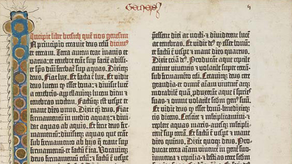A page from the Gutenberg Bible , featuring two columns of Latin text. The top of the page is labeled 'Genesis' in red ink. A decorative initial letter appears at the beginning of the text on the left column.