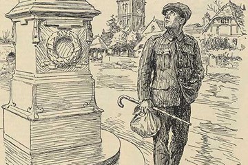 Cartoon of ex-serviceman and First World War war memorial