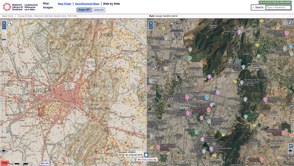 A screenshot of the Maps website showing a map of Jaipur in India with a printed map version and a satellite image sitting side by side.