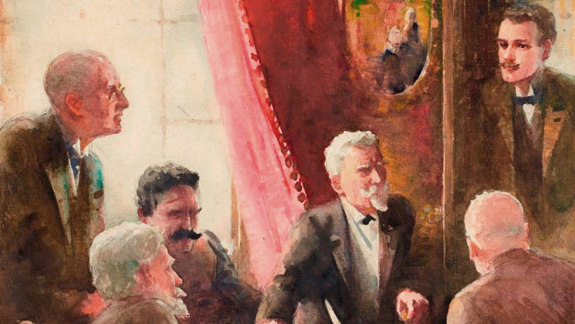 A group of men around a table turned towards a door where another man enters.