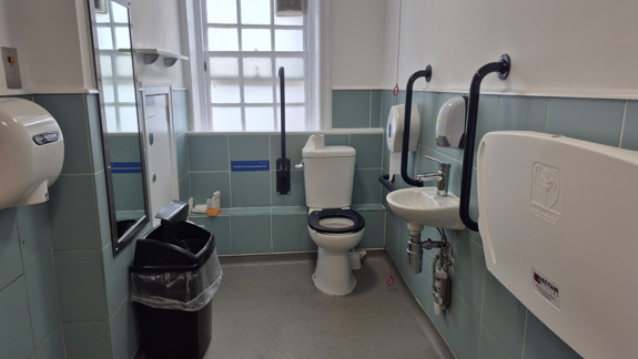 An accessible bathroom with a rail behind the toilet and two on the right-hand side as you go in.