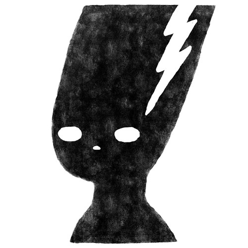 Black illustration of a simplified Bride of Frankenstein.