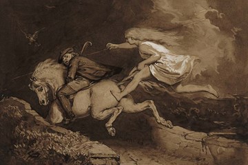 An illustration of a man on a horse with a woman chasing after him.