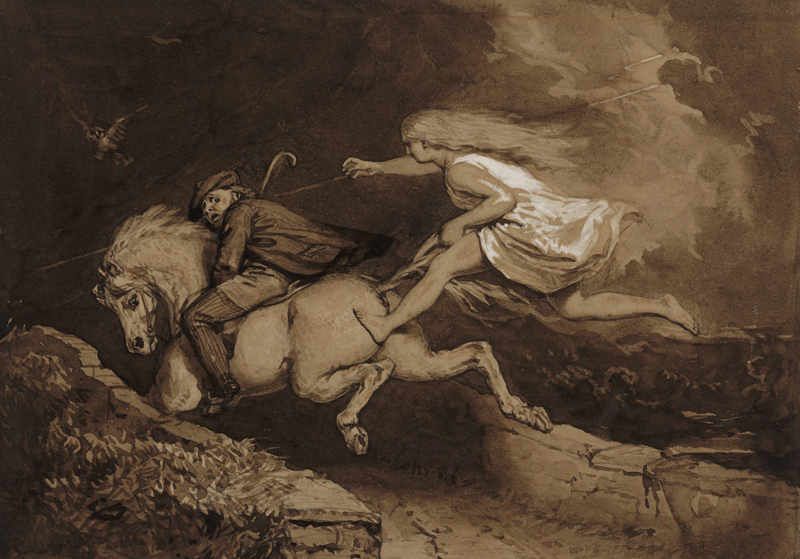 Drawing of Tam O'Shanter riding a horse being chased.