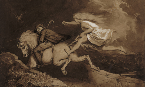 Drawing of Tam O'Shanter riding a horse being chased.