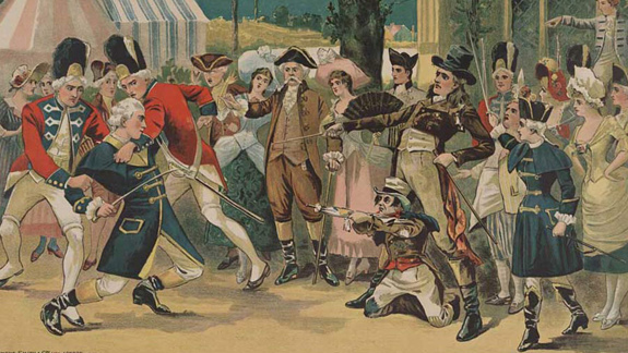 A historical scene featuring people in 18th-century attire, including soldiers in red and blue uniforms with swords. The outdoor setting includes tents and trees.