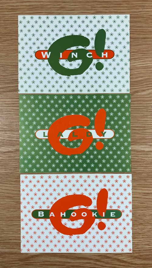 Three Glasgay! postcards sitting on a table in a row. The first says "Winch", the second "Laldy", and the third "Bahookie".