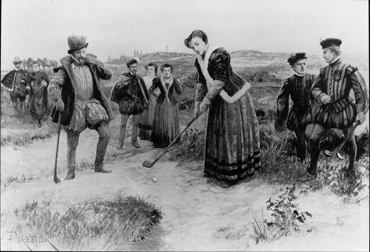 Historical illustration of people in period clothing playing an early form of golf, with a woman preparing to hit a ball.