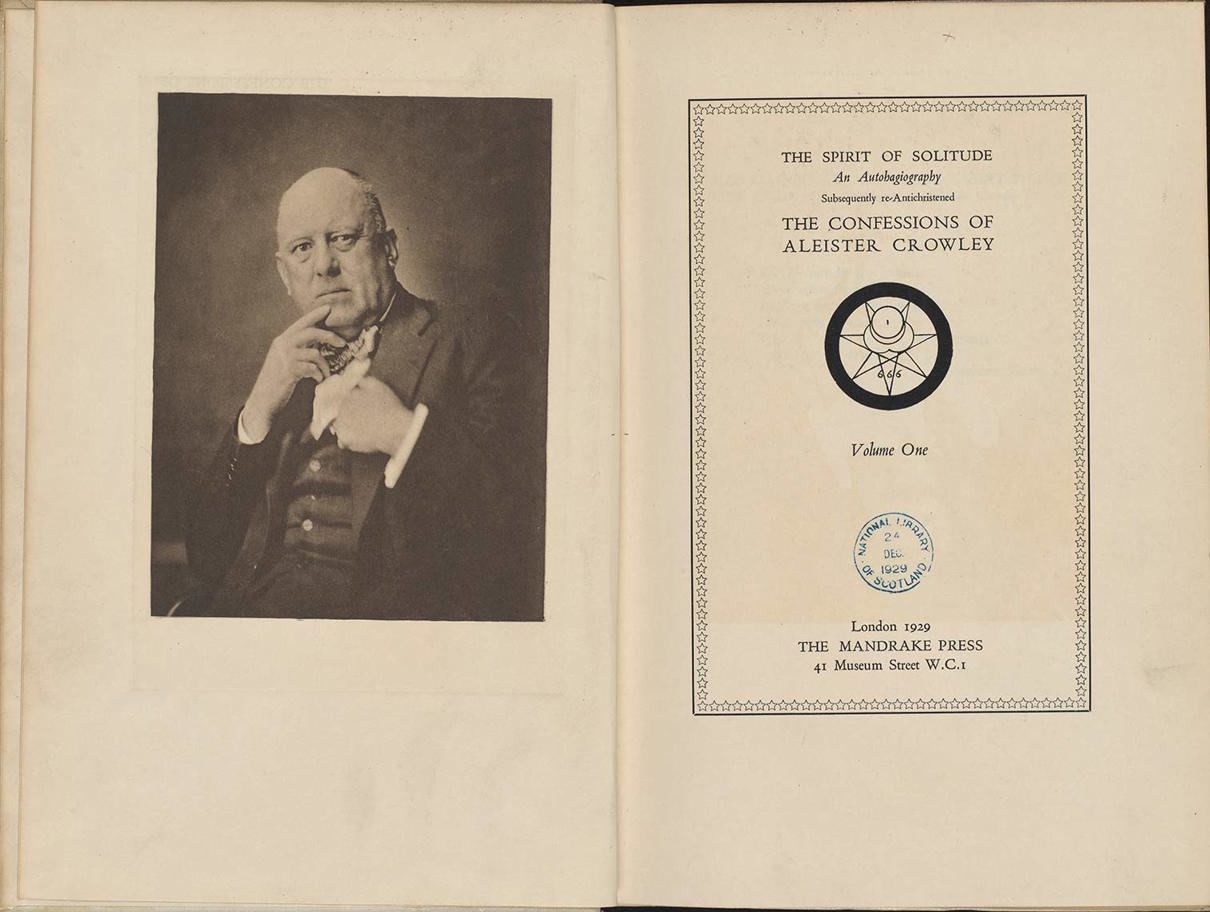 Open book with sepia portrait of Aleister Crowley in a suit and title page of The Confessions of Aleister Crowley, Volume One, published by The Mandrake Press in 1929.
