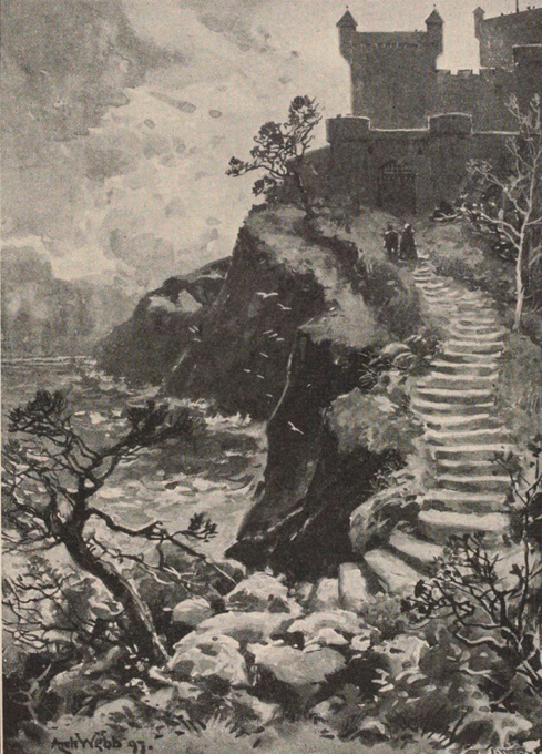 Stone steps lead up rocky cliff to large castle.