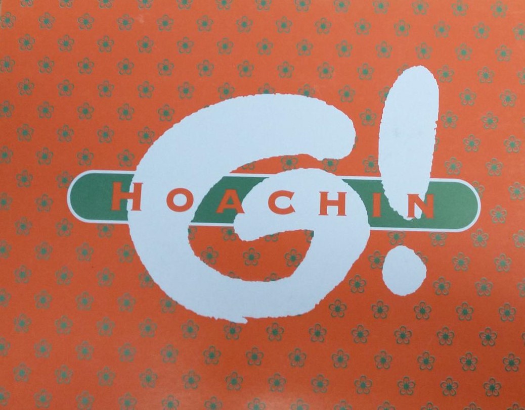 A postcard with an orange patterned background. On top is a large G and exclamation mark in white. On top of that is the word "Hoachin".
