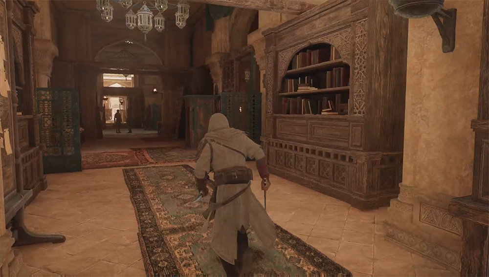 Still of an assassin jogging through a grand interior lined with rugs and bookshelves.