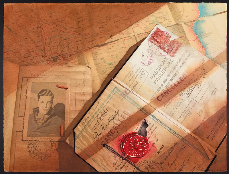 A watercolour painting of an old UK passport that has been cancelled. Underneath the passport is page with a photo of a man and a stamp for Munich. Underneath that is a map.