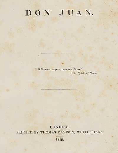 A scanned title page of the book 'Don Juan.' The page includes a Latin epigraph from Horace: 'Difficile est proprie communia dicere.' Below, it states the book was printed in London by Thomas Davison, Whitefriars, in 1819.