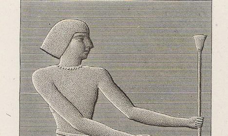 Engraving of a seated ancient Egyptian figure holding a long staff, shown in profile on a carved chair against a lined background.
