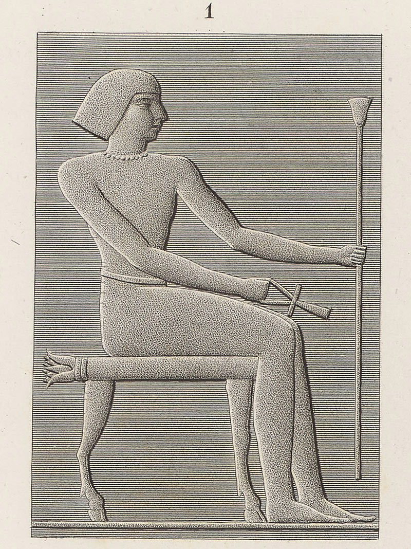 Engraving of a seated ancient Egyptian figure holding a long staff, shown in profile on a carved chair against a lined background.