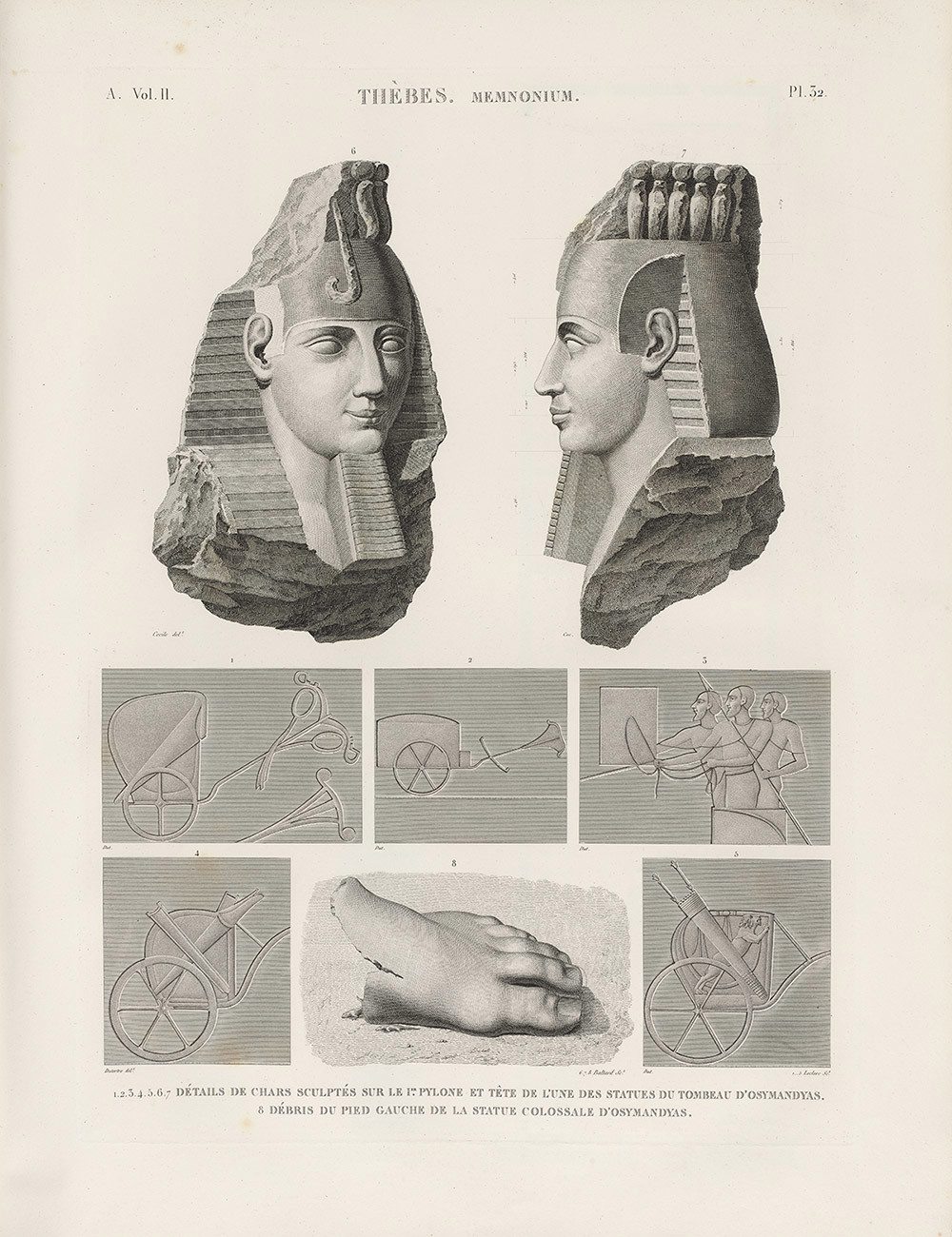 Engraving showing two large carved stone heads, alongside smaller drawings of chariots, figures and a fragment of a colossal foot.