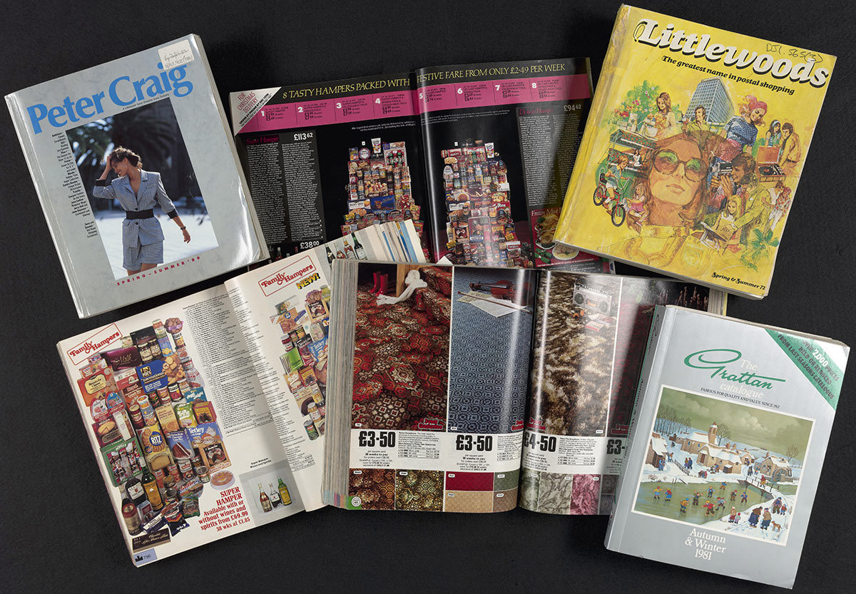Spread of vintage shopping catalogues showing food hampers and carpets.