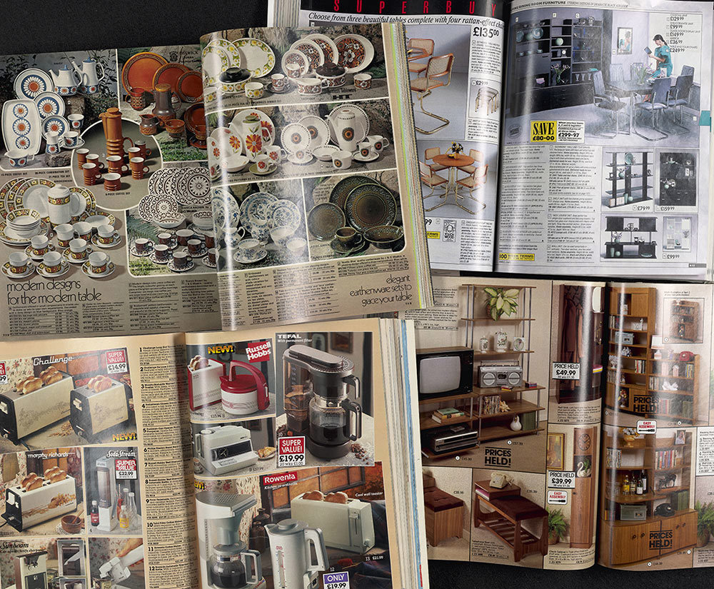 Spread of vintage shopping catalogues showing living and dining furniture sets and kitchenalia from the 80s and 90s.