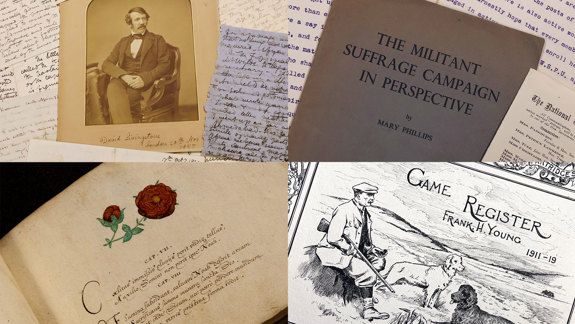 Four archival collections. One of handwritten pages with a photo of David Livingtson, one on Suffrage, one of Esther Inglis's manuscript, and one of a Game Register by Frank H. Young.
