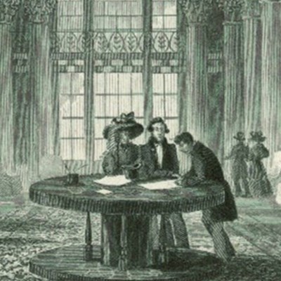 A black and white illustration of the inside of the Advocate's Library from the 1700s or 1800s. There are columns around the room and chairs that some people are sitting on and a table in the middle that three people are standing around.