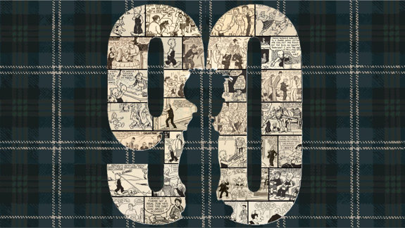 The number 90 made out of cartoons with the shape of a boy between them and a tartan background.