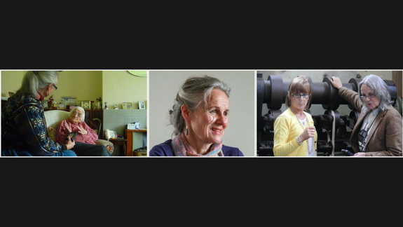 Three photos in a ow of Margaret Bennett. The first is of Margaret Bennett siting in a living room recording Julia Colville, second a portrait of Margaret, and third is of Margaret standing in front of some large pipes next to Ann Black.