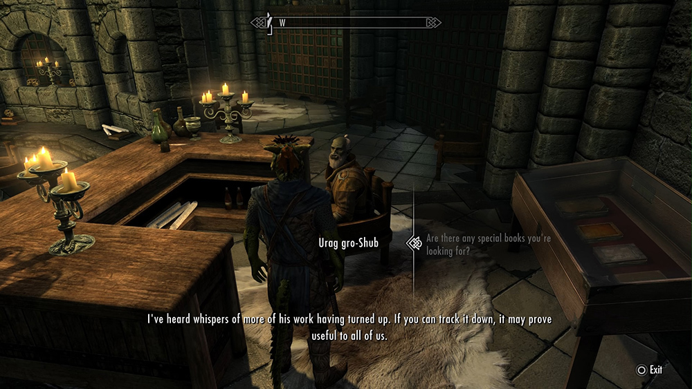 A character speaks to a librarian at a wooden desk inside a stone-walled magical library.