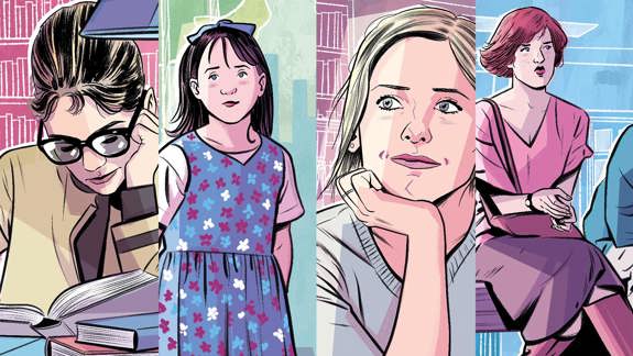 A montage of close ups four characters from different films, featuring Holly Golightly, Matilda, Buffy the Vampire Slayer, and Claire Standish.