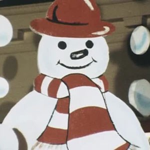 Cartoon style illustration of a snowman, wearing a red hat and striped scarf.