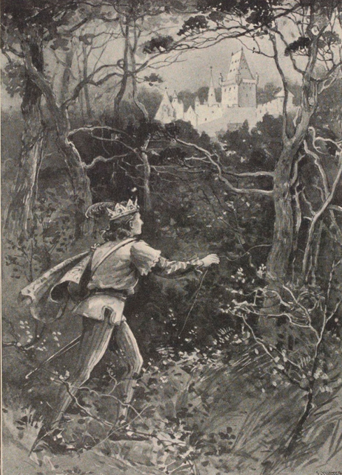 Regal figure walks through woods toward distant castle.