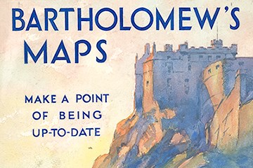 A poster of a painting of Edinburgh Castle Rock and an old-style car in the foreground. There is writing on top of the image which says "Bartholomew's maps, make a point of being up-to-date. On sale here".