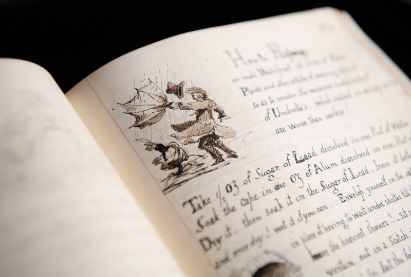 Handwritten page from a recipe book with a drawing of a man losing his umbrella to wind.