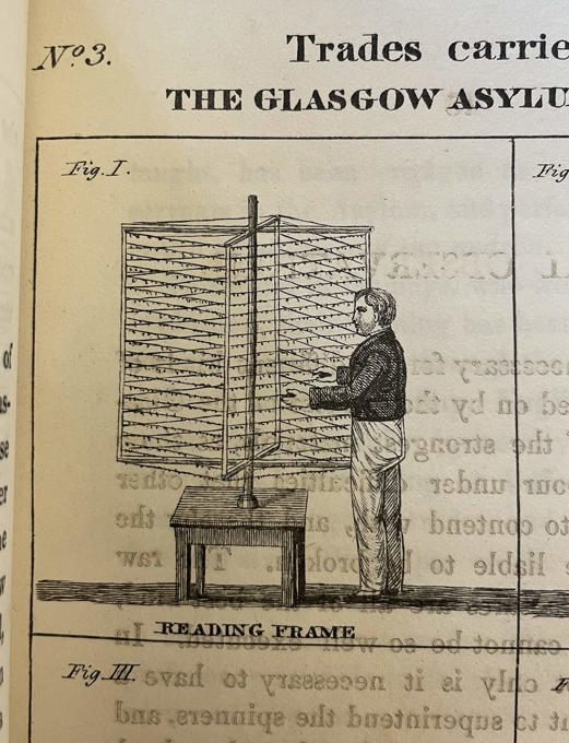 An illustration of a person standing in front of a string alphabet reading frame.